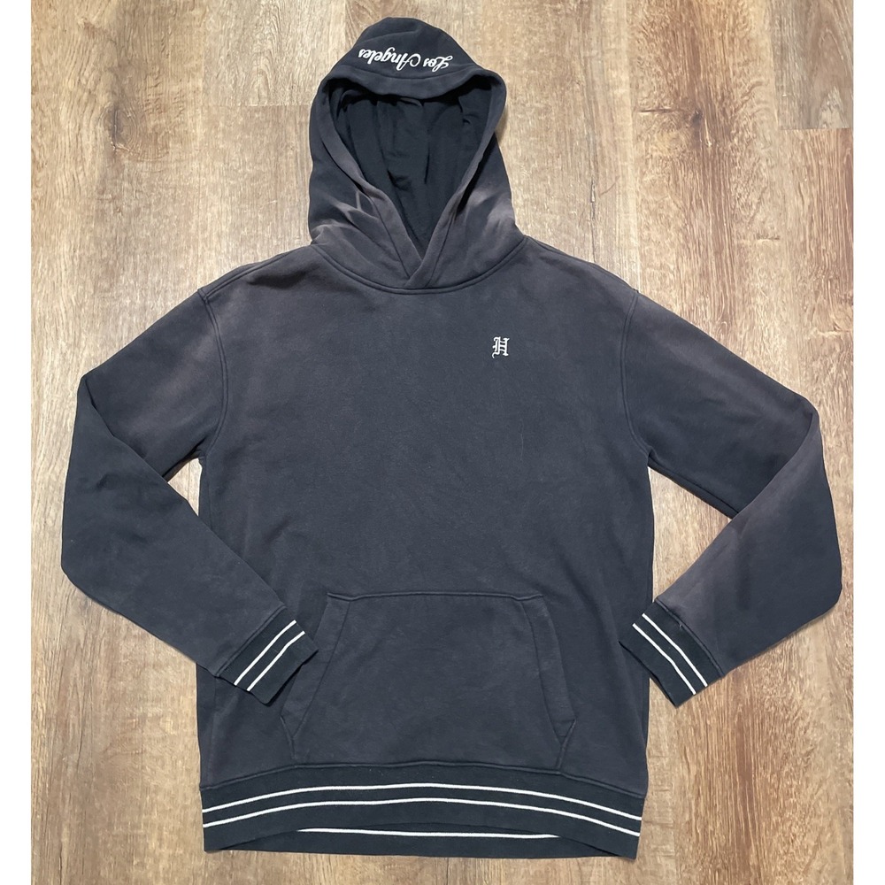 Hollister Hoodie Medium Men's Black Boxed Script Logo Faded Los Angeles Y2K